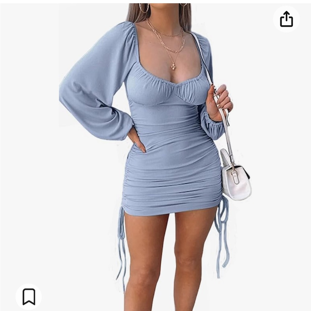 Light Blue Long Sleeve Drawstring Ruched Mini Dress - Size S - Brand New